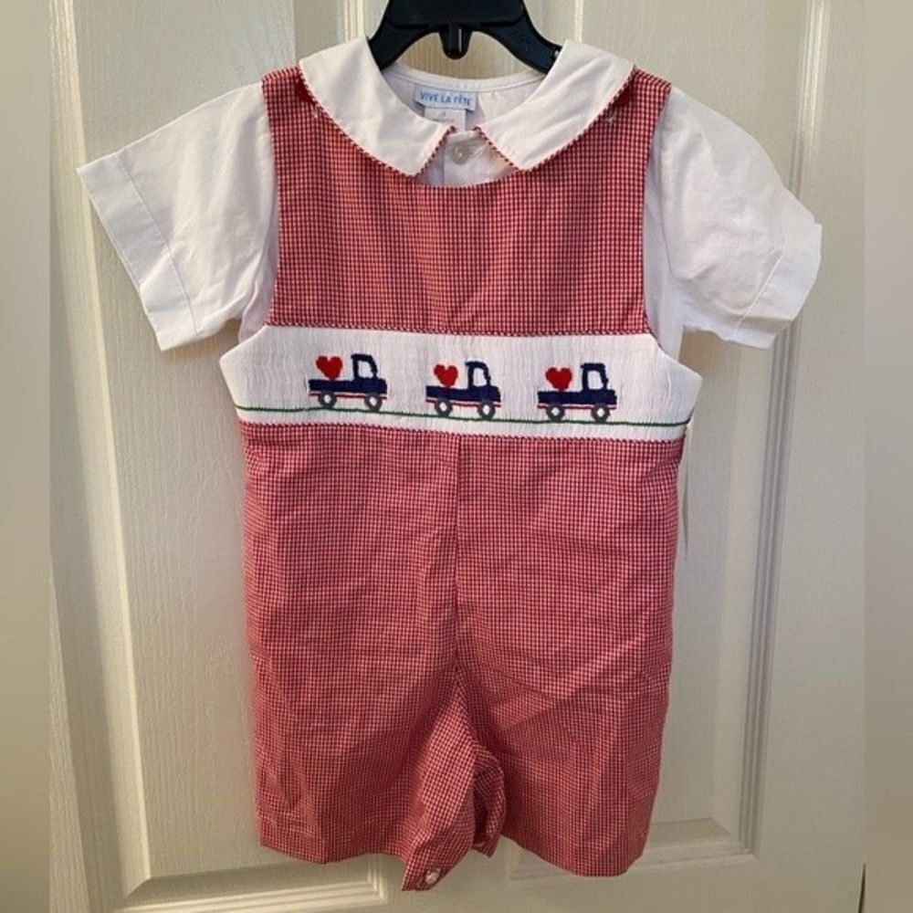 Vive La Fete Boys Smocked Valentines Day Red Gingham Shortall Set Size 3 NWT